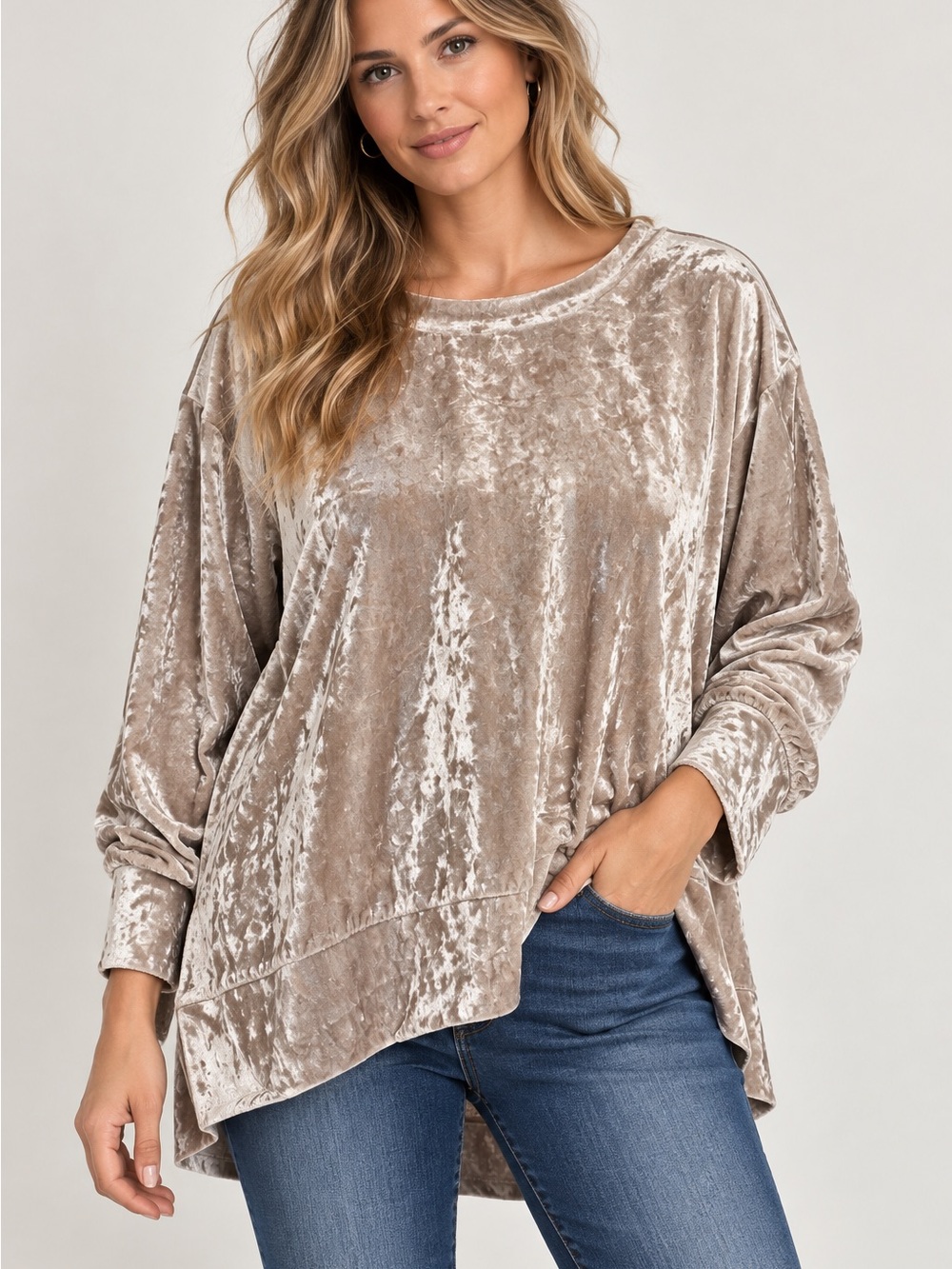 Velvet Long Sleeve Tunic Top Taupe